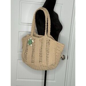 Viral Made In India Tan Crochet Beach Bag Satchel Purse Tik Tok Turtle Charm